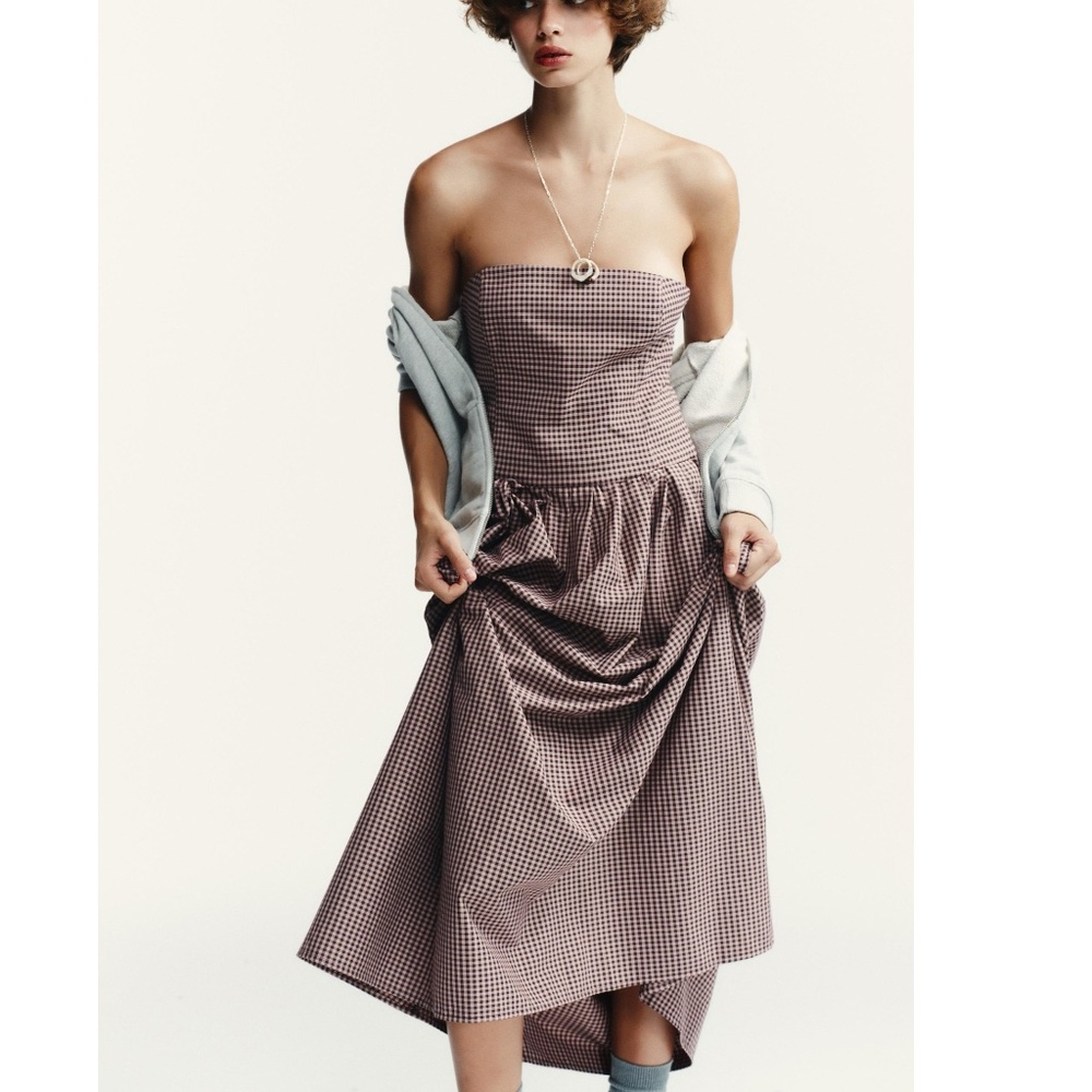 NWT ZARA GINGHAM STRAPLESS MIDI DRESS XS